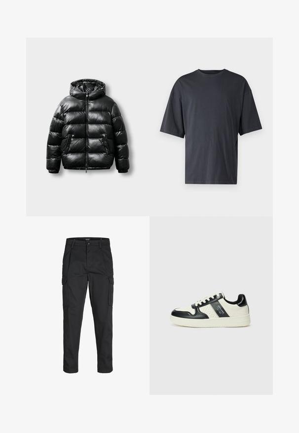 Black puffer jacket with a shiny exterior, hood, zip closure, and two side pockets. Features quilted pattern and elastic cuffs.; Dark gray short-sleeve t-shirt made of lightweight cotton, featuring a loose fit and classic crew neckline, with plain texture and no patterns.; Black cargo pants made of sturdy fabric, featuring multiple pockets, a button closure, and a slim fit design with tapered legs.; Leather sneakers with a black and cream color scheme, featuring perforated accents, a padded collar, and a textured outsole.