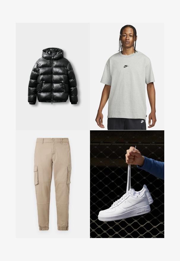 Černá péřová bunda s lesklým povrchem, kapucí, zipovým zapínáním a dvěma bočními kapsami. Má prošívaný vzor a elastické manžety.; Mladý člověk s pletenými vlasy, oblečený v světle šedém tričku Nike a černých šortkách Nike, na čistém bílém pozadí.; Béžové cargo kalhoty z lehkého bavlněného materiálu. Mají elastické manžety, více bočních kapes a zapínání na knoflík.; Bílé kožené tenisky s perforacemi, kulatou špičkou, plochou podrážkou a silnými tkaničkami, které mají viditelné logo swoosh a nápis "AIR" na patě.