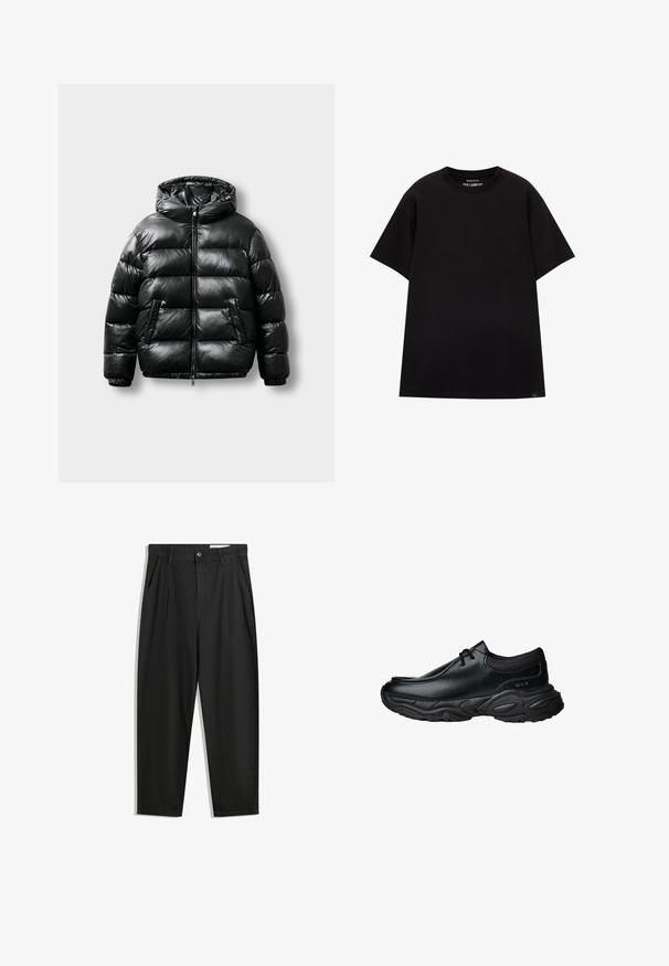 Jachetă neagră din puffer cu un exterior lucios, glugă, închidere cu fermoar și două buzunare laterale. Prezintă un model matlasat și manșete elastice.; PULL&BEAR JOIN LIFE - Tricou basic - black; Pantaloni negri din bumbac cu croială lejeră, având un brâu clasic, plii frontale și buzunare laterale. Textură netedă fără modele.; Pantofi negri din piele, tip slip-on, cu vârf rotunjit și talpă din cauciuc texturat, gros. Prezintă cusături fine și accente elastice la guler.