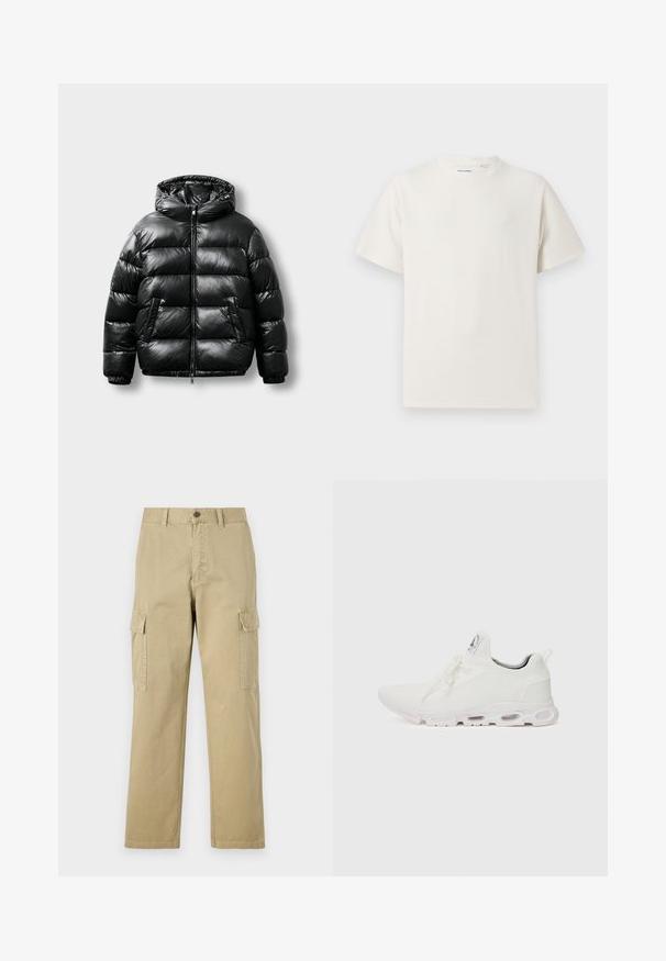 Črna puhovka z sijočo zunanjostjo, kapuco, zadrgo in dvema stranskima žepoma. Ima prešito vzorčenje in elastične manšete.; Bela majica s kratkimi rokavi iz rebraste tkanine. Okrogli izrez, sproščen kroj, brez vidnih vzorcev ali naglasov. Preprosta in vsestranska zasnova.; Bež hlače s cargo krojem iz bombaža, z dvema stranskima žeparm, gumbom za zapiranje in ravnimi nogavicami iz rahlo teksturirane tkanine.; Bela atletska obuća z značilnom pletenom gornjom stranom, ravnim vezicama i podlogom s jastučićem koja ima vidljive zračne komore za dodatnu potporu.