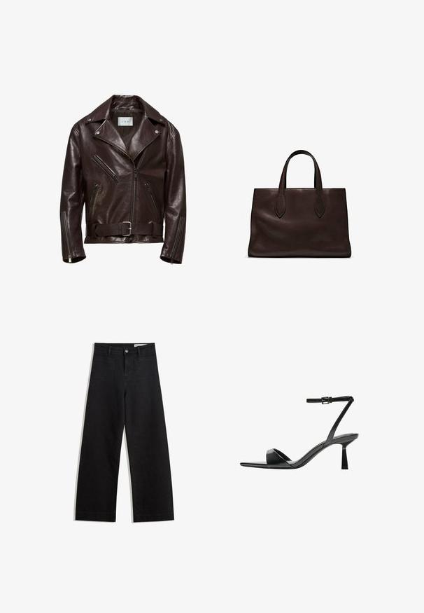 Braune Leder-Motorradjacke mit doppelter Knopfleiste, Reißverschlusstaschen und einem Gürtel mit silberner Schnalle.; Schwarzer, langärmeliger, gestrickter Pullover mit gepolsterten Schultern sowie gerippten Bündchen und Saum, dargestellt vor einem weißen Hintergrund.; Schwarze weit geschnittene Jeans mit hoher Taille, ausgestattet mit Vorder- und Hintertaschen, gesteppten Nähten und einem Knopfverschluss. Glatte Textur.; Bershka High Heel Sandalette - black; Braune Ledertasche mit zwei langen Griffen, strukturierte rechteckige Form, glatte Textur und dezente Nähdetails.