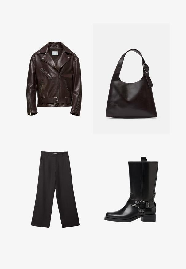 Braune Leder-Motorradjacke mit doppelter Knopfleiste, Reißverschlusstaschen und einem Gürtel mit silberner Schnalle.; Schwarzer, langärmeliger, gestrickter Pullover mit gepolsterten Schultern sowie gerippten Bündchen und Saum, dargestellt vor einem weißen Hintergrund.; Schwarze weite Hosen aus glattem Stoff, mit einem Reißverschluss vorne und zwei seitlichen Taschen, maßgeschneiderter Passform und minimalistischem Design.; Schwarze Lederstiefel bis zum Knie mit spitzer Zehenform, silbernen Schnallenakzenten und einem klobigen Absatz. Verfügt über eine Zuglasche für einfaches Anziehen.; Braune Lederumhängetasche mit glatter Textur, runder Form, breitem Tragegurt und metallischem, kreisförmigem Akzent am Griff.