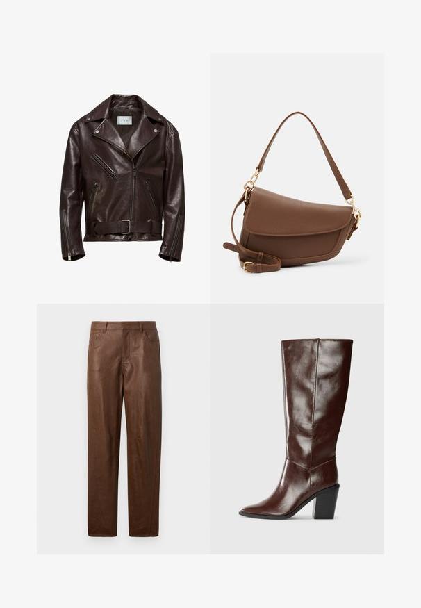 Pruunist nahast mootorrattajakk, millel on kahekordne kangas, tõmblukkudega taskud ja vöödega talje hõbedase pandlaga.; Pruunist korduroost särk, millel on krae, täispikkade puffvarrukatega ja nööbistamisega, mis on valmistatud tekstureeritud kangast ja millel on ümar äär.; Pruun nahkpükste siledast kangast, sirge jala disainiga ja kahe küljetaskuga. Omab nähtavaid õmbluse detaile.; Kõrge tumepruun nahkne saapas terava varba ja kihilise ploki kontsaga, kujutatud külgvaates ühevärvilisel taustal.; Pruun nahast õlakott tekstuuritud viimistlusega, kõver kuju, kuldse tooni riistvara, reguleeritav rihm ja klappkinnitus.