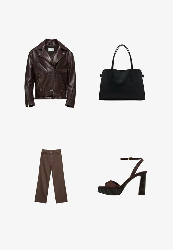 Smeđa kožna motoristička jakna s dvostrukim kopčanjem, patentnim zatvaračima na džepovima i remenom u struku s srebrnom kopčom.; Tamno siva kratkodlaka pletena majica s kratkim rukavima i okruglim izrezom, koja ima opušteni kroj i raglan rukave, izrađena od mekog, teksturiranog materijala.; Proširene smeđe traperice od denima, s visokim strukom, prednjim džepovima i klasičnom kopčom na dugme. Glatka tekstura s suptilnim šavovima.; Smeđe zamšaste sandale s visokim potpeticama, otvorenim prstima, podesivom trakicom oko gležnja i prugastom platformom.; Crna kožna torba s dvostrukim naramenicama, pravokutnog oblika i minimalističkim dizajnom na bijeloj pozadini.
