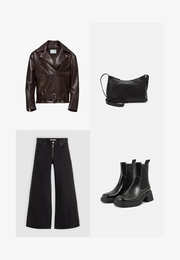 Brun lædermotorcykeljakke med dobbeltbrystet design, lynlåslommer og belagt talje med en sølvspænde.; Sort kortærmet t-shirt lavet af blødt stof. Har en klassisk rund halsudskæring og en afslappet pasform. Ingen mønstre eller accenter synlige.; Vide ben jeans i sort denim med lynlås foran, fem lomme-design og subtile stikninger. Glat tekstur og afslappet stil.; Sorte læder Chelsea-støvler med en kraftig hæl, elastiske sidepaneler og kontrastfarvet hvid syning. Tekstureret overflade.; Sort læder skuldertaske med en glat tekstur, buet form, justerbar rem og lynlås. Minimalistisk design uden udsmykninger.