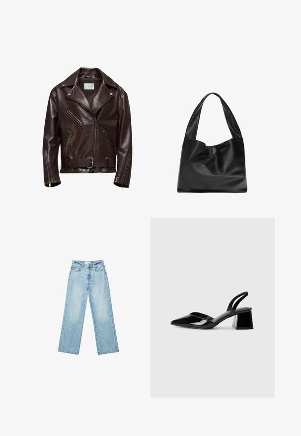 Brun lædermotorcykeljakke med dobbeltbrystet design, lynlåslommer og belagt talje med en sølvspænde.; Sort tank top lavet af bomuld, med rund halsudskæring og brede armhuller. Glat tekstur med syede kanter. Klassisk, minimalistisk design.; Lyseblå denim bukser med bred benvidde og høj talje, præget af en falmet vask og små, spredte slidte detaljer overalt.; Sorte patentlæder slingback hæle med spids tå og en geometrisk blok hæl. Har et elegant, minimalistisk design og en glat tekstur.; Sort læder tote bag med et blødt, slattent design, brede håndtag og en glat tekstur. Ingen synlig hardware eller udsmykninger.