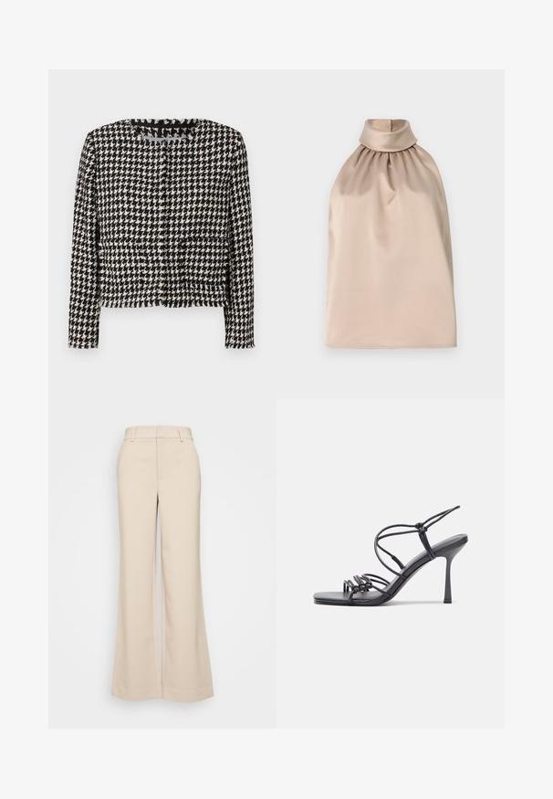 Fekete-fehér hounds-tooth mintás zakó, rövidített kialakítással, keretezett nyakkal és francia élrészletezéssel. Két elülső zsebbel rendelkezik.; Beige pánt nélküli felső, magas nyakkal és ráncolt anyaggal, sima, selyemhez hasonló anyagból készült. Laza siluettal rendelkezik.; Beige, bő szárú nadrág sima textúrával, magas derékkal és két elülső zsebbel. Tiszta dizájn, elegáns szabású.; Fekete magas sarkú szandálok vékony pántokkal, csomózott mintával, sima négyzetes orral és karcsú stiletto sarkal rendelkeznek.
