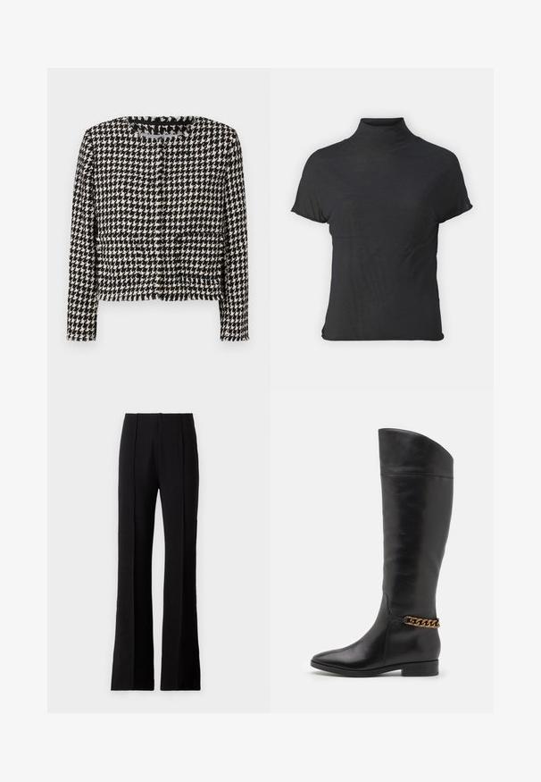 Sort-hvid houndstooth-jakke med et cropped design, indrammet halsudskæring og frynse-detaljer langs kanterne. Har to forlommer.; Sort kortærmet turtleneck top lavet af letvægtsstof med en glat tekstur og en tætsiddende pasform, der har en høj hals.; Udgavede sorte bukser lavet af glat stof, med frontfolder, høj talje og en skræddersyet design for en slank silhuet.; Høje sorte læderstøvler med et slankt design, spids tå og en guld kædeaccent ved anklen. Lav blokhæl. Glat overflade.