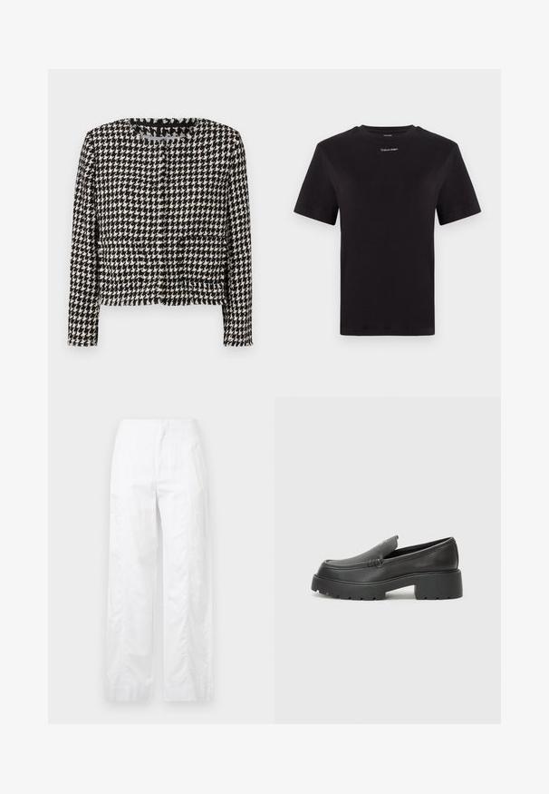 Črna in bela houndstooth jakna s kratkim dizajnom, okviščenim ovratnikom in resicami ob robovih. Ima dve sprednji žep.; Črna bombažna majica s kratkimi rokavi, okroglim izrezom in majhnim belim logotipom "Calvin Klein" na prsih. Gladka tekstura, klasičen kroj.; Bela široka hlače iz lahkega materiala, ki se ponašajo z gladko teksturo, čistimi linijami in visokim pasom.; Črne usnjene loafers čevlje z zaobljenim nosom, debelim teksturiranim podplatom in minimalnimi šivi. Elegantna zasnova brez vidnih vezalk ali kovinskih delov.