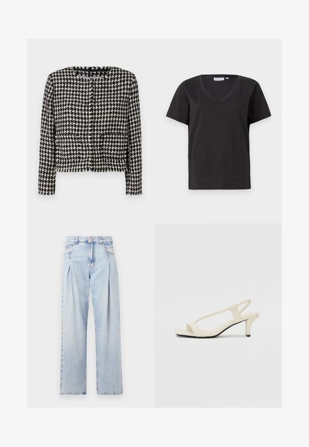 Fekete-fehér hounds-tooth mintás zakó, rövidített kialakítással, keretezett nyakkal és francia élrészletezéssel. Két elülső zsebbel rendelkezik.; Fekete pamut póló V-nyakkal és rövid ujjakkal. Egyszerű dizájn, normál fazon, minta vagy díszítés nélkül.; Világoskék farmernadrág magas derekú, bő szabású, két oldalsó zsebbel és pliszírozott dizájnnal. Puha tapintású, elhalványított felület.; Beige színű, blokksarkú szandálok vékony pántokkal és négyzet alakú orral. Simább anyag, minimális részletezéssel, amely könnyű viselésre lett tervezve.