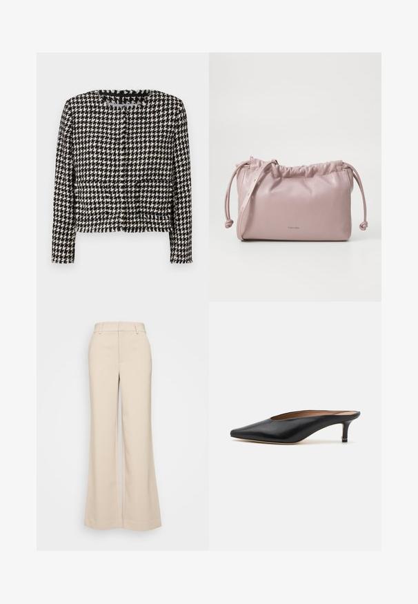 Sort-hvid houndstooth-jakke med et cropped design, indrammet halsudskæring og frynse-detaljer langs kanterne. Har to forlommer.; Hvid kortærmet t-shirt lavet af letvægts bomuld. Har en rund halsudskæring og rullede ærmer. Rød logoetiket på kraven.; Beige vidde bukser med en glat overflade, der har en høj talje og to forlommer. Renset design med en skræddersyet pasform.; Sorte lædermules med spidse tæer og lav, firkantet hæl. Glat tekstur med et slankt design. Åben bag med minimal udsmykning.; Blush pink, glat læder taske med samlet top, snorelukning og en tynd rem. Har et subtilt Calvin Klein-logo på forsiden.