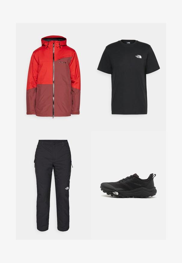 Red and brown waterproof jacket with a hood, zippered front, chest pocket, and textured sleeves. Features brand logo on the front.; Black cotton t-shirt with short sleeves, crew neck, and a small white logo on the left chest. Simple design, smooth texture, and relaxed fit.; The North Face WINTER EXPLORATION TAPERED CARGO - Outdoor trousers - black; Black trail running shoe with a textured upper, rubber sole, and reinforced toe cap. Features a padded collar and pull tab for easy wear.