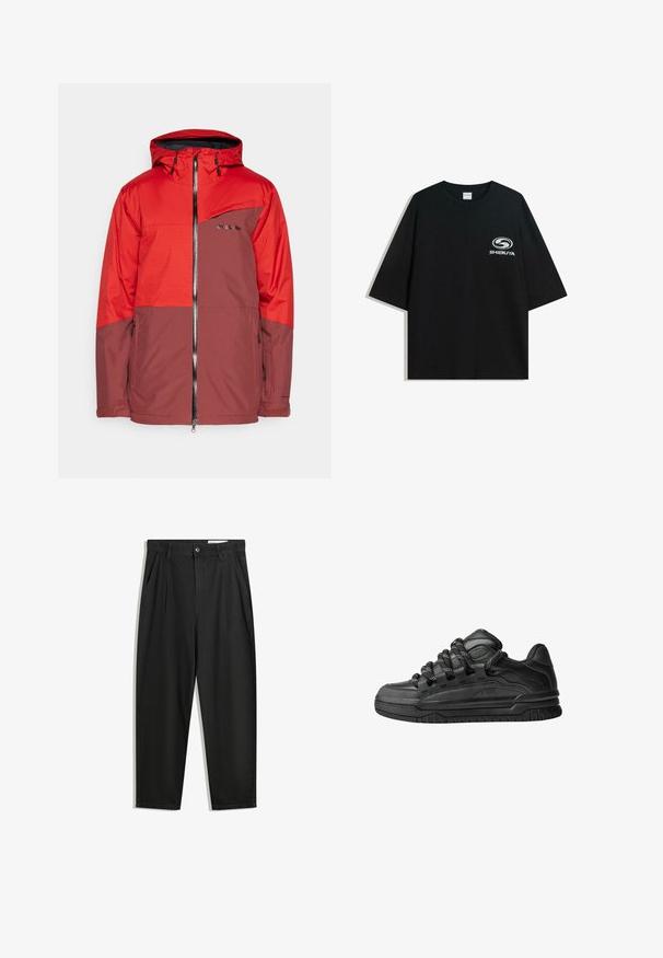 Red and brown waterproof jacket with a hood, zippered front, chest pocket, and textured sleeves. Features brand logo on the front.; Black oversized cotton t-shirt featuring a round neckline and short sleeves, with a white "Shibuya" logo printed on the front.; Black cotton trousers with a relaxed fit, featuring a classic waistband, front pleats, and side pockets. Smooth texture without patterns.; Black sneakers with a smooth leather upper, textured accents, and round black and white laces. Thick rubber sole with a patterned tread.