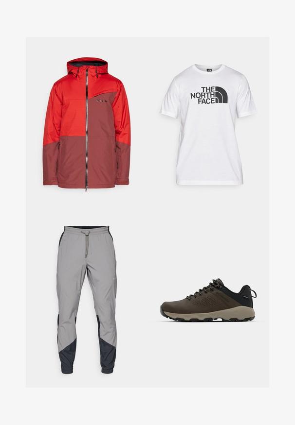 Sarkans un brūns ūdensnecaurlaidīgs jaciņš ar kapuci, ar rāvējslēdzēju priekšpusē, krūšu kabatu un teksturētām piedurknēm. Priekšpusē ir zīmola logo.; Balts kokvilnas t-krekls ar melnu grafisko druku, kurā ir teksts un izliekta logo dizains. Apaļa kakla izgriezums un īsas piedurknes. Vienkārša tekstūra.; Viegls, pelēks sporta bikses ar melniem akcentiem. Elastīga josta, ar auklu aizdare, sašaurināts kāju dizains un sānu kabatas.; Brūni ūdensnecaurlaidīgi sporta apavi ar teksturētu virsu, perforētiem akcentiem, melnu papēža atbalstu un pelēku gumijas zoli. Šņores veidotas ar metāliskiem galiem.