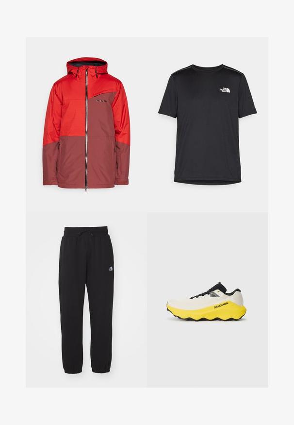 Rdeča in rjava nepremočljiva jakna s kapuco, z zadrgo spredaj, prsno žepom in teksturiranimi rokavi. Na sprednji strani ima logotip blagovne znamke.; Črna kratkosleevena majica iz lahkotnega materiala. Ima majhen bel logo na levem prsnem delu in diskretne poudarke na ramenskem predelu.; Črne trenirke iz mehkega materiala, z elastičnim pasom in vrvico, zoženimi gležnji ter majhnim logotipom na zgornjem stegnu.; Tekstilni športni copati z belim mrežastim zgornjim delom, rumenim srednjim delom, črnimi detajli in gumo z vzorcem na podplatu za boljši oprijem. Logo "SALOMON" je prikazan.