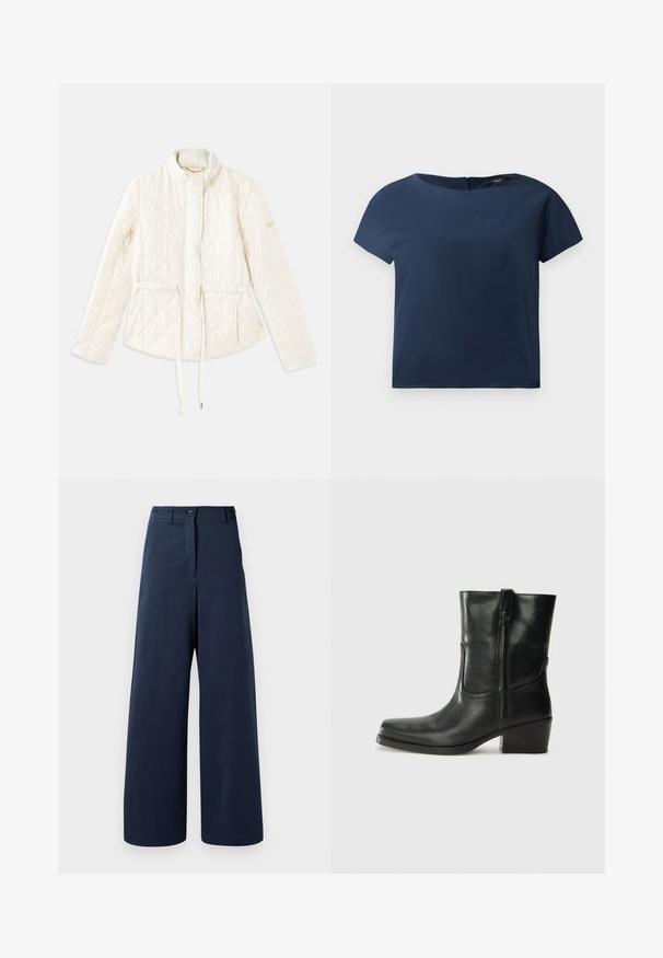 Quilted, cream-colored jacket with a high collar, adjustable drawstring waist, and a logo accent on the left sleeve. Smooth texture.; Navy blue short-sleeve top, round neckline, smooth fabric, relaxed fit, featuring a subtle back closure with minimal stitching details.; Navy wide-leg trousers made of smooth fabric, featuring a high waist with two front buttons, two side pockets, and straight hems.; Black leather ankle boot with a rounded toe, block heel, side zipper, and stitching accents on the vamp. Smooth texture, classic design.
