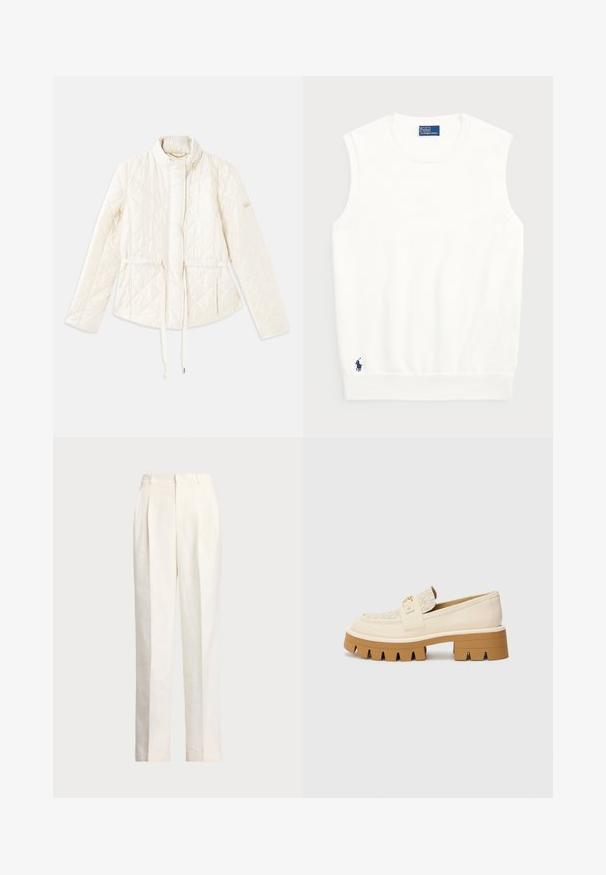 Gevoerde, crèmekleurige jas met een hoge kraag, verstelbare trekkoord taille en een logo-accent op de linker mouw. Glad van textuur.; Witte mouwloze sweater van glad katoen, met een geribde onderrand en een klein marineblauwe logo op de linkeronderzijde. Eenvoudig ontwerp, geen patronen.; Polo Ralph Lauren HEMP WIDE LEG PANT - Broek - nevis; Beige instappers met een gestructureerde crèmekleurige band, voorzien van een chunky bruine zool met tandachtige patronen. Gouden accent op het gespdetail.