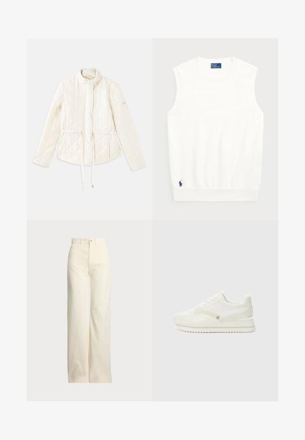 Steppelt, krémszínű dzseki magas gallérral, állítható húzózsinórral a deréknál és logóval a bal ujjon. Simon textúra.; Fehér ujjatlan pulóver sima pamutból, bordás szegéllyel és kis sötétkék logóval a bal alsó részen. Egyszerű dizájn, minta nélkül.; Polo Ralph Lauren COTTON CORDUROY WIDE-LEG PANT - Nadrágok - warm white; Fehér sportcipők sima és textúrált anyagok keverékével, diszkrét logóval, fűzős kialakítással és zigzag talppal.