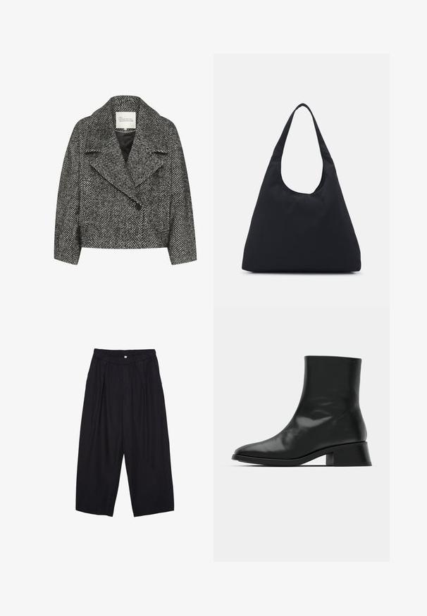 Czarny i biały krótki płaszcz w wzór rybiej ości z szerokim kołnierzem, z pojedynczym zapięciem na guzik i dwiema bocznymi kieszeniami. Gładka tekstura materiału.; Czarna bluzka z długim rękawem i kołnierzem typu stójka, wykonana z prążkowanej tkaniny, charakteryzuje się dopasowanym krojem, wysokim dekoltem oraz brakiem wzorów i zdobień.; Czarne spodnie culotte z poliestru z elastycznym pasem, dwoma fałdami z przodu i luźnym krojem. Brak widocznych wzorów lub elementów metalowych.; Czarne botki do kostek z błyszczącej skóry, o eleganckim designie, spiczastym nosku i umiarkowanym blokowym obcasie dla stabilności.; Czarna torba z tkaniny z jedną szeroką rączką na ramię. Miękki, półstrukturalny kształt oraz gładka tekstura; minimalistyczny design, bez widocznych elementów metalowych.