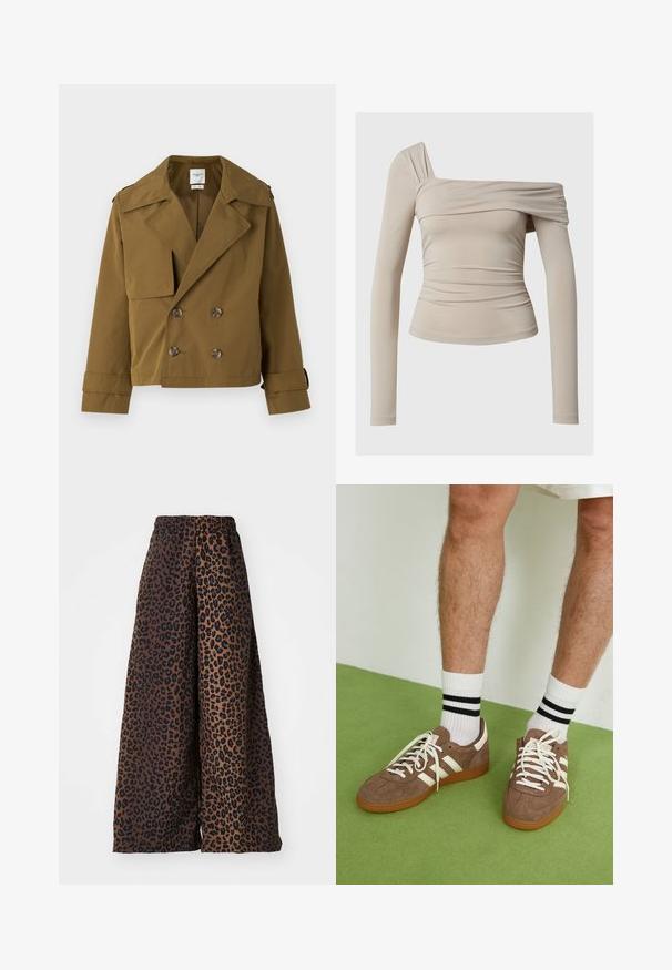 Hnedý skrátený dvojradový trenčkot z hladkej textílie. Má veľký golier, dve predné vrecká a hnedé gombíky.; Bežová dlhá rukávová blúzka s off-the-shoulder dizajnom, ktorý zdobí riasenie a priliehavý strih. Hladká a elastická tkanina.; Pánske nohavice so širokými nohavicami vyrobené z hladkej tkaniny, s hnedým pozadím a čiernym vzorom leopardieho potlače, majú elastický pás.; Hnedé zamatové tenisky s bielymi akcentmi a šnúrkami. Gumová podrážka. Nosené s bielymi ponožkami so čiernymi pruhmi. Zelená textúrovaná podlaha.