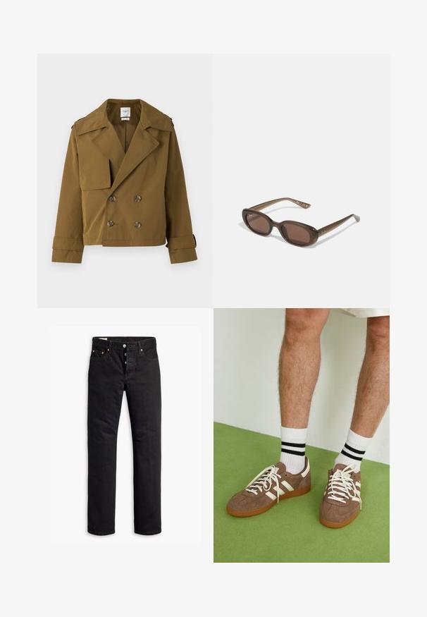 Brauner, taillierter, doppelt knöpfiger Trenchcoat aus glattem Stoff. Mit großem Kragen, zwei Fronttaschen und braunen Knöpfen.; Weißes Baumwoll-T-Shirt mit kurzen Ärmeln, rundem Ausschnitt und glatter Textur. Die Rückseite ist einfarbig ohne zusätzliche Muster oder Designs.; Schwarze Denim-Jeans mit geradem Schnitt, Fünf-Taschen-Design und Knopfverschluss. Mit Kupfennieten und Nähtelementen.; Braune Wildleder-Sneaker mit weißen Akzenten und Schnürsenkeln. Gummisohle in Kautschuk-Optik. Getragen mit weißen Socken, die schwarze Streifen haben. Grüner strukturierter Fußboden.; Braune ovale Sonnenbrillen mit dunklen Gläsern. Das Gestell besteht aus einem transparenten braunen Material und hat ein auf den Bügeln aufgedrucktes Logo.