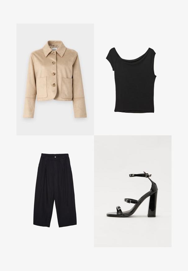 Beige, taillierte Jacke aus weichem, strukturiertem Stoff mit Kragen, vier Knopf-Verschlüssen vorne und zwei vorderen Taschen.; Schwarzes Kurzarmoberteil aus glattem Stoff; hat einen drapierten Ausschnitt und einen asymmetrischen Saum, mit einem figurbetonten Körper.; Schwarze Polyester-Culotte mit einem elastischen Bund, zwei vorderen Falten und einer lockeren Silhouette. Keine sichtbaren Muster oder Hardware-Details.; Schwarze patentierte Sandalen mit Absatz, quadratischer Spitze, Knöchelriemen und silbernen Schnallen. Mit einem stabilen Blockabsatz für mehr Stabilität.