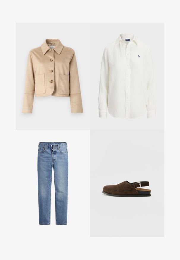 Giacca corta beige in morbido tessuto testurizzato con colletto, quattro chiusure frontali (a bottone) e due tasche frontali.; Camicia di lino bianca a maniche lunghe, con colletto button-down e bottoni frontali. Presenta un piccolo logo ricamato blu sul petto.; Jeans in denim blu chiaro con taglio dritto, design a cinque tasche e chiusura con bottone. Presentano una leggera sbiaditura e dettagli in cucitura arancione.; Scarpa slip-on in suede marrone con tacco basso, cinturino regolabile con fibbia argentata e suola in gomma nera.