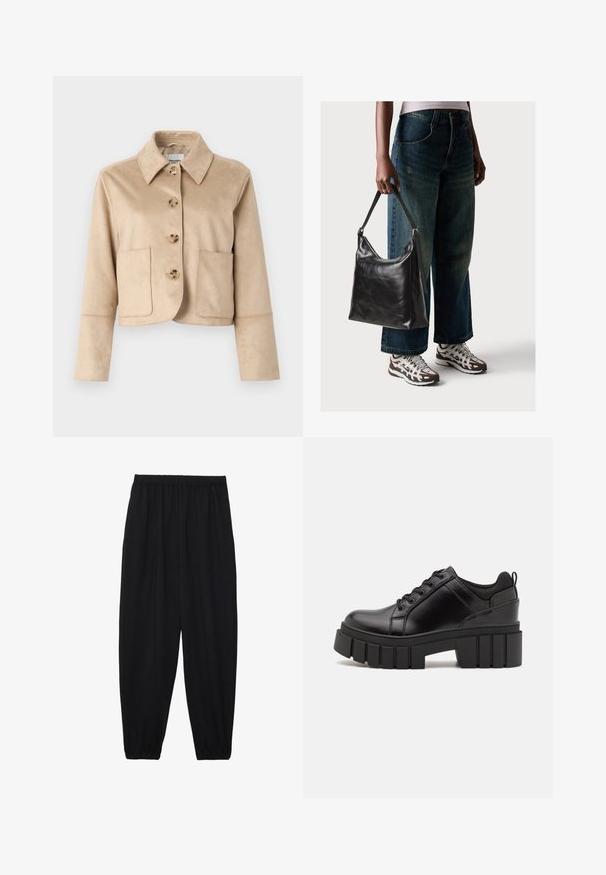 Veste beige cropped en tissu doux et texturé avec un col, quatre fermetures à boutons à l'avant et deux poches avant.; T-shirt en coton noir à manches courtes, avec un petit graphique de papillon rose sur la poitrine gauche. Modèle à col rond avec une coupe décontractée.; Pantalons noirs légers avec une taille élastique et des chevilles froncées. Le tissu est lisse et présente un design décontracté et fuselé.; Chaussures à plateforme en cuir noir avec un talon bloc épais, bout rond et un design traditionnel à lacets. Elles présentent une texture lisse et un détail minimal.; Sac à bandoulière en cuir noir avec une texture lisse et une bandoulière réglable, associé à un jean ample décoloré et des baskets de sport.