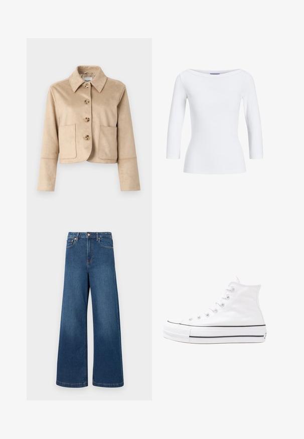 Bežs īsais džemperis mīkstā, tekstūrētā audumā ar apkakli, četrām (pogām) priekšējām aizdara un divām priekšējām kabatām.; Balta ribota garām piedurknēm augšdaļa ar laivu izgriezumu. Audums ir gluds, cieši pieguļošs, un tam ir kārtīga apdare pie piedurkņu un apakšmalas.; Platas kājas zema apģērba džinsi tumši zilā krāsā. Iezīmes augsta jostasvieta, pogu aizdare un klasiskā piecu kabatu dizains ar kontrastējošu šuvju. ; Balti augstie kanvas sporta apavi ar melnu gumijas zoli, priekšējo gumijas purngalu un sešām acīm lencēm, kuriem ir tīrs, minimālistisks dizains.