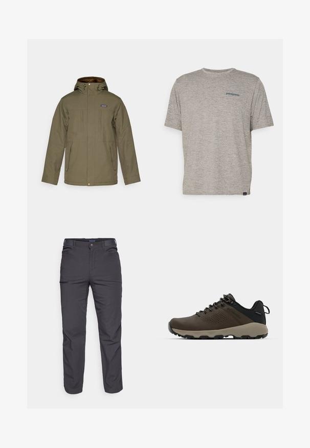 Žaliojo alyvuogių spalvos žieminis džemperis su kapuci, dviem krūtinės kišenėmis ir dviem šoninėmis kišenėmis. Audinys atrodo tekstūruotas; viduje išklotas ruduo pūkuotu medžiaga.; Pilkas trumpas rankovės marškinėliai, pagaminti iš minkštos, tekstūruotos medžiagos, ant kairiojo krūtinės puikuojasi mažas mėlynas Patagonia logotipas. Be papildomų raštų.; Tamsiai pilki kelnės, pagamintos iš patvarios medžiagos, su užtrauktuku užsegamu kišeniu, tiesiu kirpimu ir diržo kilpom pritaikytiems dydžiams.; Rudi nepralaidūs sportbačiai su tekstūruota viršutine dalimi, perforuotomis detalėmis, juodu kulno palaikymu ir pilku guminio padu. Šniūreliai yra dekoruoti metaliniais galais.