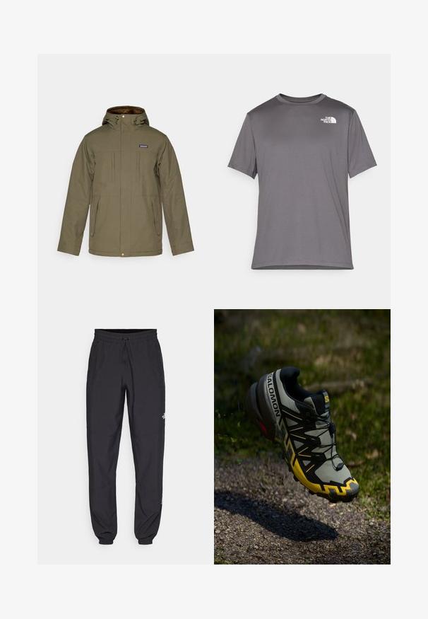 Casaco de inverno verde oliva com capuz, dois bolsos no peito e dois bolsos laterais. O tecido parece texturizado; o interior é forrado com um material castanho peludo.; T-shirt atlético cinza de manga curta, feito de um tecido suave e leve. Apresenta um logo branco na área do peito esquerdo. Design de gola redonda.; Calças atléticas pretas feitas de tecido leve, com um cós ajustável por cordão, bolsos laterais e punhos afunilados nos tornozelos.; Sapatilha de trail running Salomon em cinza suave com detalhes em amarelo brilhante. Apresenta uma sola texturizada, sistema de atilho seguro e um colar acolchoado.
