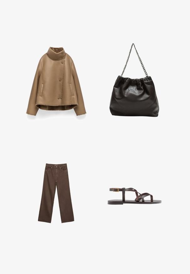 Brązowa skórzana kurtka z wysokim kołnierzem, zapięciem na guziki i bocznymi kieszeniami. Wnętrze pokryte jest miękką, teksturowaną podszewką.; Brązowa koszulka z krótkim rękawem, wykonana z miękkiego materiału, z okrągłym dekoltem i luźnym krojem. Brak widocznych wzorów lub akcentów.; Szerokie brązowe dżinsy wykonane z denimu, z wysokim stanem, przednimi kieszeniami i klasycznym zapięciem na guzik. Gładka faktura z subtelnym przeszyciem.; Brązowe skórzane sandały z krzyżującymi się paskami, zapięciem na klamrę przy kostce oraz płaską podeszwą z minimalnymi detalami szycia.; Brązowa skórzana torba z marszczonym szczytem i łańcuszkowym paskiem. Gładka tekstura z błyszczącym wykończeniem i subtelnymi detalami szwów po bokach.