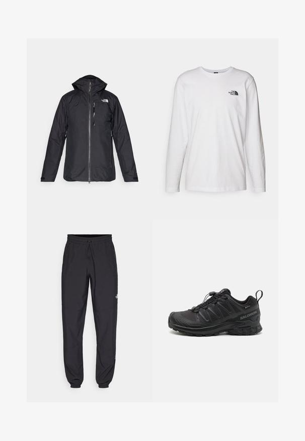 Giacca nera impermeabile con cappuccio, zip a lunghezza totale e fodera in rete. Presenta il logo sul petto e polsini regolabili. Design semplice.; T-shirt bianco a maniche lunghe in cotone con colletto rotondo. Presenta un piccolo logo nero sul petto. Texture liscia, vestibilità regolare.; Pantaloni sportivi neri realizzati in tessuto leggero, con vita regolabile con cordino, tasche laterali e orli affusolati alle caviglie.; Scarpa sportiva nera con parte superiore in sintetico testurizzato, suola imbottita e sistema di allacciatura rapida. Presenta una punta e un tallone rinforzati.