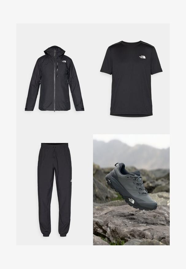 Jachetă neagră impermeabilă cu glugă, fermoar pe toată lungimea și căptușeală din plasă. Prezintă un logo pe piept și manșete ajustabile. Design simplu.; Tricou negru cu mânecă scurtă, realizat dintr-un material ușor. Prezintă un mic logo alb pe pieptul stâng și accente subtile pe umeri.; Pantaloni atletici negri, confecționați dintr-un material ușor, cu un tiv elastic la talie, buzunare laterale și tivuri ajustate la gleznă.; Pantof de alergare pe trasee gri, cu o partieră texturată, talpă din cauciuc durabil și vârf întărit. Dispune de șireturi și logo-ul brandului pe lateral.