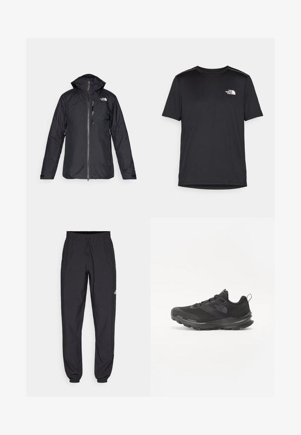 Jachetă neagră impermeabilă cu glugă, fermoar pe toată lungimea și căptușeală din plasă. Prezintă un logo pe piept și manșete ajustabile. Design simplu.; Tricou negru cu mânecă scurtă, realizat dintr-un material ușor. Prezintă un mic logo alb pe pieptul stâng și accente subtile pe umeri.; Pantaloni atletici negri, confecționați dintr-un material ușor, cu un tiv elastic la talie, buzunare laterale și tivuri ajustate la gleznă.; Pantof sport negru cu superior din plasă, talpă din cauciuc și guler căptușit. Include șireturi, logo pe lateral și un design texturat.