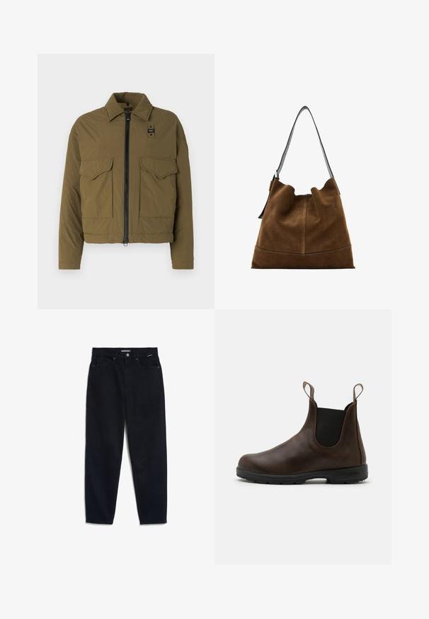 Olijfgroene cropped jack gemaakt van lichtgewicht materiaal, met een voorkleurige rits, twee borstzakken en een puntige kraag.; Navy blauwe coltrui met geribbelde textuur, brede mouwen en een ontspannen pasvorm. Zacht materiaal en minimalistisch ontwerp.; Zwarte denim jeans met een rechte pijp, vijf zakken en een knoopsluiting. De stof heeft een gladde textuur en minimale zichtbare stiksels.; Bruine leren enkellaars met elastische zijkanten, trekriempjes en een getextureerde rubberen zool. Heeft een slank, rond te ontwerp.; Bruine suede emmer tas met een zwarte leren schouderriem, met een zachte silhouette en naaddetail aan de onderkant.