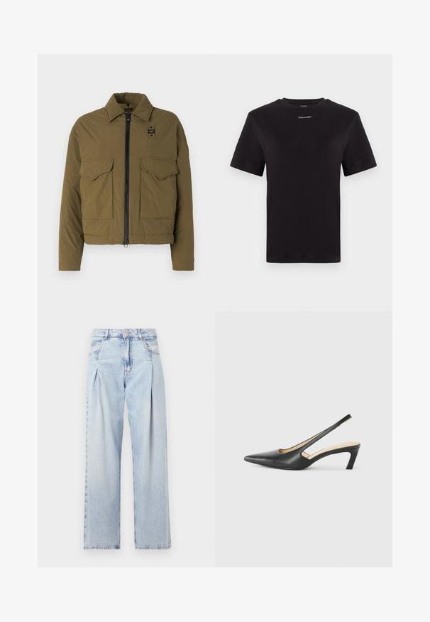 Olive green cropped jacket made from lightweight material, featuring a front zipper, two chest pockets, and a pointed collar.; Black cotton t-shirt with short sleeves, crew neck, and small white "Calvin Klein" logo at the chest. Smooth texture, classic fit.; Light blue denim jeans with a high waist, wide-leg cut, two side pockets, and pleated design feature. Soft texture with a faded finish.; Black pointy-toed slingback shoe with a low heel, featuring smooth leather material and cut-out design on the side for breathability.