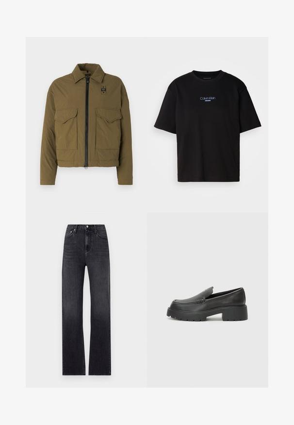Maslinasto zelena skraćena jakna od laganog materijala, s prednjim zatvaračem, dva džepa na prsima i oštrim kragnom.; Crna pamučna majica s okruglim izrezom, kratkim rukavima i plavim izvezenim logom "Calvin Klein JEANS" na prednjoj strani.; Crne ravne traperice izrađene od denima, s visokim strukom, pet džepova i zatvaranjem na zip s dugmetom. Blago izblijela boja.; Crne kožne loaferice s zaobljenim vrhom, debelim teksturiranim potplatom i minimalnim detaljima šivanja. Elegantna izrada bez vidljivih vezica ili metalnih elemenata.
