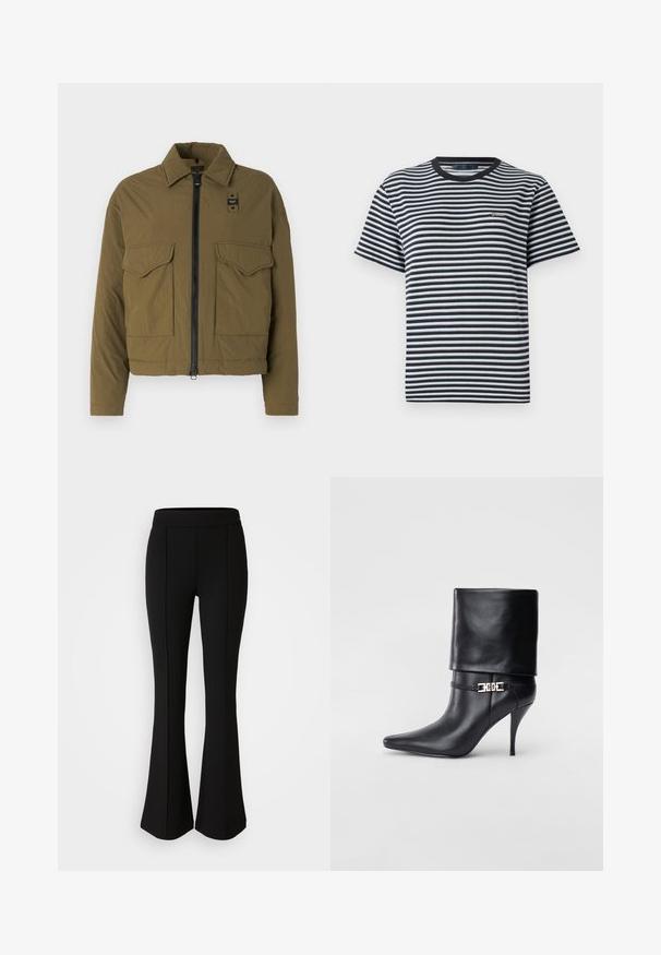 Oliwkowa kurtka typu cropped, wykonana z lekkiego materiału, z przednim zamek błyskawicznym, dwoma kieszeniami na piersi oraz spiczastym kołnierzem.; Koszulka w paski z czarno-białymi poziomymi paskami, okrągłym dekoltem i krótkimi rękawami. Wykonana z miękkiego, lekkiego materiału.; Czarne spodnie dzwony z elastycznego materiału o gładkiej strukturze, z detalami szwów z przodu dla dodatkowego stylu.; Czarne skórzane botki za kostkę z ostrym noskiem, wysokim obcasem w kształcie stiletto, z załamanym mankietem oraz złotym dekoracyjnym zapięciem na kostce.