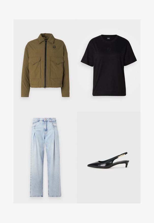 Oliwkowa kurtka typu cropped, wykonana z lekkiego materiału, z przednim zamek błyskawicznym, dwoma kieszeniami na piersi oraz spiczastym kołnierzem.; Czarny bawełniany t-shirt z okrągłym dekoltem, krótkimi rękawami i haftowanym logo na piersi. Prosty, luźny krój bez wzorów.; Jasnoniebieskie dżinsy z wysokim stanem, szerokimi nogawkami, dwoma bocznymi kieszeniami oraz plisowanym wzorem. Miękka tekstura z wyblakłym wykończeniem.; Czarne skórzane szpilki typu slingback z ostrym noskiem, posiadające smukły obcas i złoty akcent na regulowanym pasku. Gładka tekstura.