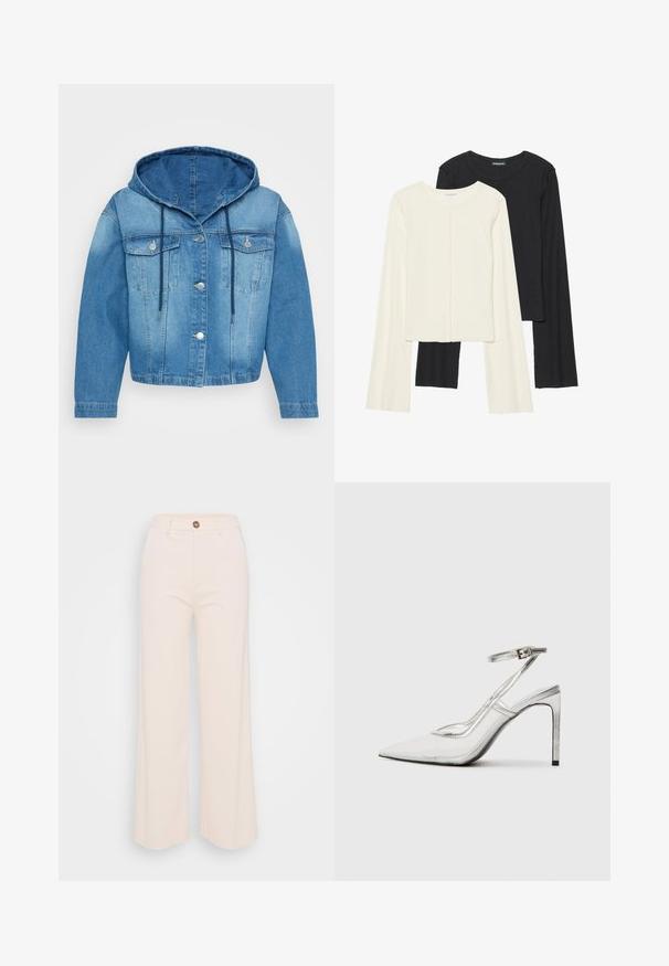Casaco de ganga com capuz em diferentes tons de azul. Inclui frente com botões, dois bolsos no peito e cordões ajustáveis no capuz.; Conjunto de duas blusas de manga longa em branco e preto. Textura canelada, decote redondo, design ajustado com mangas ligeiramente evasê.; Calças de perna larga em tecido creme suave, com uma cintura alta, fecho de botão único e detalhes de costura mínimos.; Shoe com salto stiletto claro e bico fino, material transparente, detalhes metálicos prateados e tira ajustável no tornozelo.