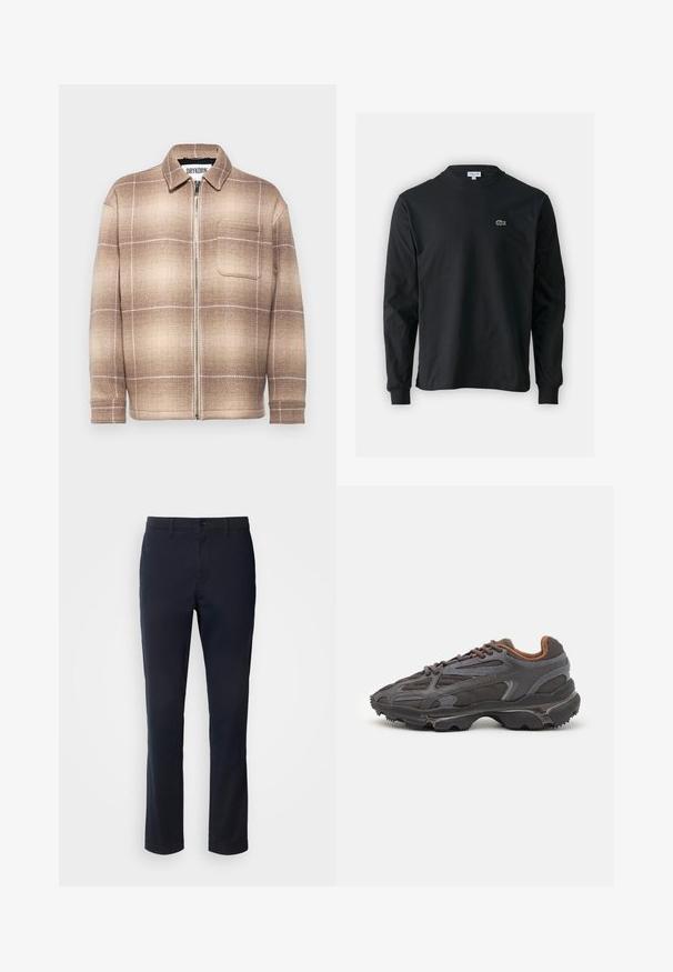 Ruskea ja beige ruudullinen vetoketjullinen takki, jossa on kaulus, etutasku ja rakenne, jossa on hienovarainen kuvio.; Musta pitkähiha t-paita, joka on valmistettu puuvillasta. Paita on varustettu pyöreällä kaula-aukolla ja vasemmassa rinnassa on pieni vihreä brodeerattu krokotiililogo.; Tummansinisiä housuja, jotka on valmistettu sileästä kankaasta. Housuissa on suora lahje, vyölenkit ja nappikiinnitys vetoketjulla.; Lacoste-tennar i mörkgrått med nät- och syntetmaterial, med en texturerad sula och bruna accenter på kragen och märket.