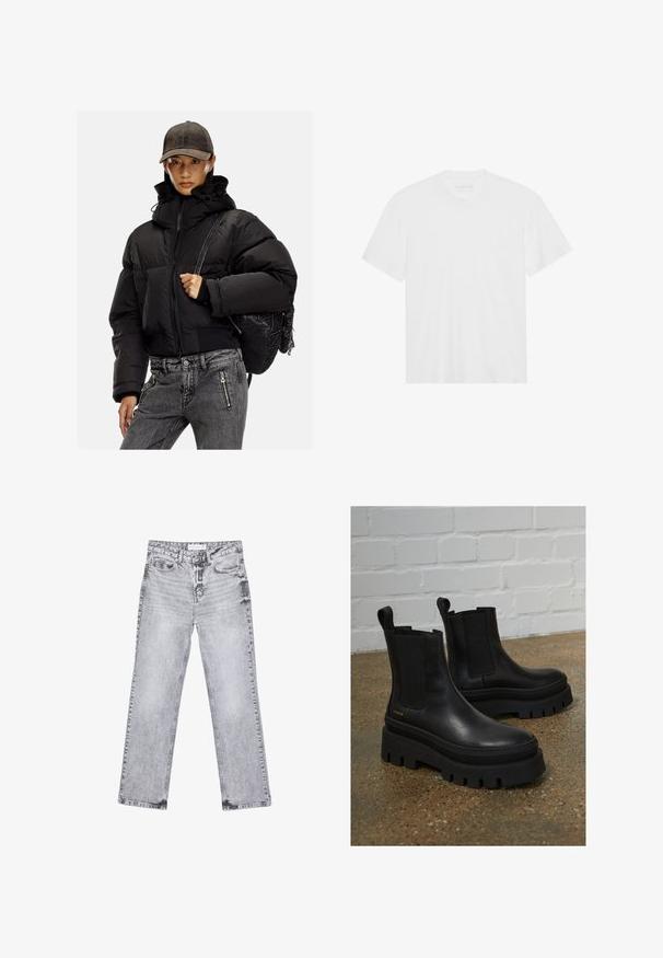 Črna podložena jakna z visokim ovratnikom, zadrgo in elastičnimi manšetami; v kombinaciji s sivo denim hlačami in teksturirano črno nahrbtnikom.; Bela bombažna majica s kratkimi rokavi, krožnim izrezom in ravnim robom. Gladka tekstura, minimalistična zasnova brez vzorcev ali okrasov.; Sive traperice z ravnim krojem, z obdelanimi detajli, petimi žepi in bakrenimi zakovicami. Pas ima oznako z logotipom.; Črne usnjene gležnjarje z elastičnimi stranskimi paneli, debelim črnim platformnim podplatom in podrobnostmi šivanja, ki imajo zanka za enostavno obuvanje.