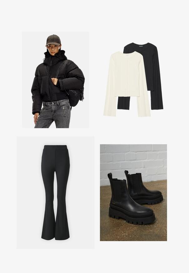 Fekete steppelt dzseki magas gallérral, cipzáras záródással és rugalmas mandzsettákkal; szürke farmernadrággal és texturált fekete hátizsákkal párosítva.; Két darabból álló hosszú ujjú felsők szettje fehér és fekete színben. Bordás textúra, kerek nyakkivágás, testhez simuló fazon, enyhén bővülő ujjakkal.; Fekete, bővülő nadrág rugalmas anyagból. Magas derékkal és sima, testhezálló kialakítással rendelkezik, amely a térdtől lefelé bővül.; Fekete bőr bokacsizmák elasztikus oldalpanellel, vastag fekete platform talppal és varrási részletekkel, húzófüllel a könnyű felvétel érdekében.