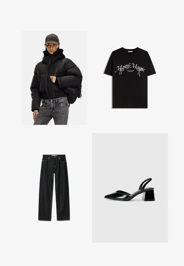 Fekete steppelt dzseki magas gallérral, cipzáras záródással és rugalmas mandzsettákkal; szürke farmernadrággal és texturált fekete hátizsákkal párosítva.; Fekete pamut póló, melyen fehér "Mostly Magic" felirat látható, valamint díszes gyöngy részletekkel van díszítve. Rövid ujjak, laza fit, kerek nyakú.; Sötét farmernadrág egyenes szabással, réz gombos záródással és kontrasztos sárga varrással. Öt zsebbel és klasszikus fazonnal rendelkezik.; Fekete lakk bőr szandálkés magas sarkú cipő, hegyes orral és geometrikus tömbsarkakkal. Karcsú, minimalista dizájn és sima textúra jellemzi.