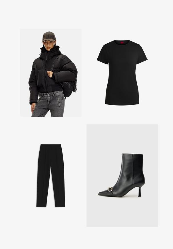 Mustat pehmustetut takit, joissa on korkea kaulus, vetoketju ja joustavat hihansuut; yhdistetty harmaisiin farkkuihin ja teksturoituun mustaan reppuun.; Mustapaita, jossa on lyhyet käärityt hihat, pyöreä kaula-aukko ja punainen etiketti. Sileä pinta, istuva muoto ja minimaalinen yksityiskohtaisuus.; Mustat housut suoran istuvuuden kanssa, joissa on kaksinkertaiset laskokset, sileä pinta ja klassinen vyötärönauhan muotoilu. Ei näkyviä metalliosia tai koristeita.; Musta nahkasaapas nilkkapituisilla, terävillä kärjillä, hoikalla keskipituisella korolla ja hopeavöillä sivussa yksinkertaista taustaa vasten.