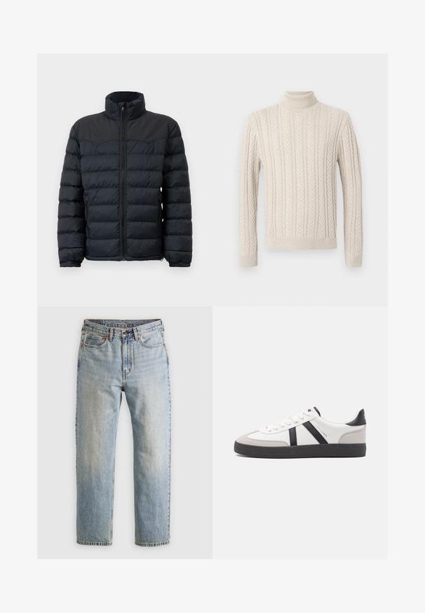 Fekete puffermellény magas gallérral, vízszintes varrással, elülső cipzárral és elasztikus mandzsettákkal. Simított, szigetelt szövet kialakítás.; Beige, kötött pulóver magas, bordázott garbónyakkal. Texturált fonott minta és bordázott mandzsetta valamint alj jellemzi, ami kényelmes megjelenést kölcsönöz.; Világoskék farmernadrág magas derékkal, elülső gombbal, cipzárral és öt zsebbel, sima háttérre fektetve.; Fehér sneaker fekete és szürke részletekkel, textúrált szürke orr résszel, fekete gumitalppal és lapos fehér fűzőkkel. Tiszta dizájn, minimalista stílus.