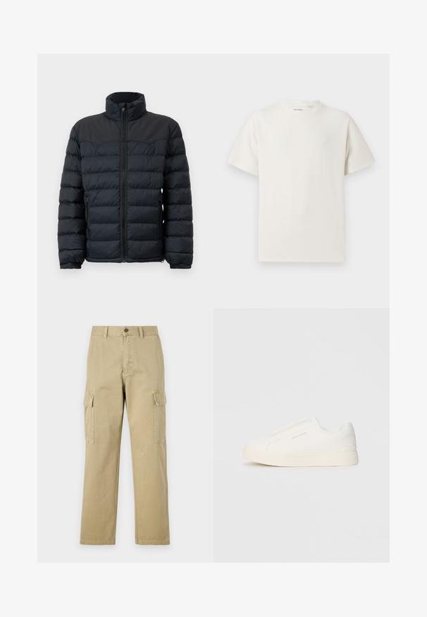 Svart pufferjacka med hög krage, horisontell söm, framzipper och elastiska manschetter. Slät, isolerad tygdesign.; Vit t-shirt med kort ärm i ribbad struktur. Rund halsringning, löst sittande passform, inga synliga mönster eller detaljer. Enkelt och mångsidigt design.; Beige cargobyxor i bomull, med två sidofickor, knappstängning och raka ben i ett något texturerat tyg.; Vita slip-on sneakers med en texturerad yta, en tjock sula och minimalistisk design. Har varumärkeslogotypen på sidan.