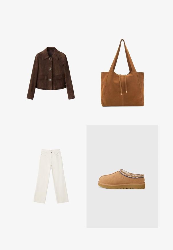 Hnedá semišová bunda s golierom, predným zapínaním na gombíky a dvoma vreckami na prsiach. Vyznačuje sa skráteným strihom a hladkou textúrou.; Hnedý pletený sveter s okrúhlym výstrihom, spustenými ramenami a rebrovanými manžetami. Mäkká textura, krátky strih a voľný fit.; Biele široké rifle vyrobené z denimu, s vysokým pásom, prednými vreckami a zapínaním na gombík. Čistý dizajn s minimálnymi akcentmi.; Béžové semišové slip-on topánky s textúrovanou vlnenou podšívkou a dekoratívnym etnickým šitím okolo goliera. Majú gumovú podrážku.; Hnedá semišová taška cez rameno s dvoma dlhými popruhmi, sťahovacou šnúrkou a minimalistickým dizajnom. Hladký povrch a žiadne viditeľné kovové doplnky.