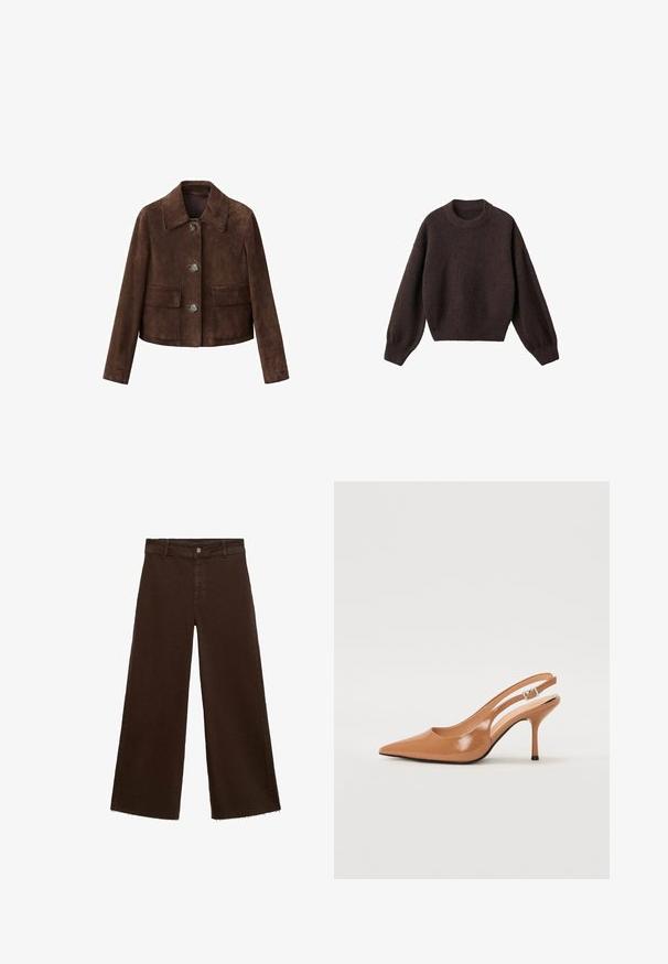 Hnědá semišová bunda s límcem, zapínáním na knoflíky a dvěma náprsními kapsami. Má krátký střih a hladkou texturu.; Hnědý pletený svetr s kulatým výstřihem, spadlými rameny a žebrovanými manžetami. Měkká textura, zkrácený střih a volný střih.; Hnědé kalhoty širokého střihu z bavlněné směsi, s třepicí na lemu, předním zapínáním na knoflík a klasickým designem pěti kapes. Minimalistické a univerzální.; Sandy poprsko s úzkým podpatkem v hladkém, lesklém odstínu tan. Obsahuje zakřivený design s výřezem a štíhlý jehlový podpatek. Detail se stříbrnou sponou.
